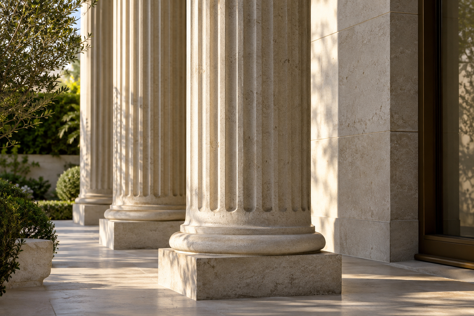 Substantial fluted limestone pillars beside a quiet residential garden